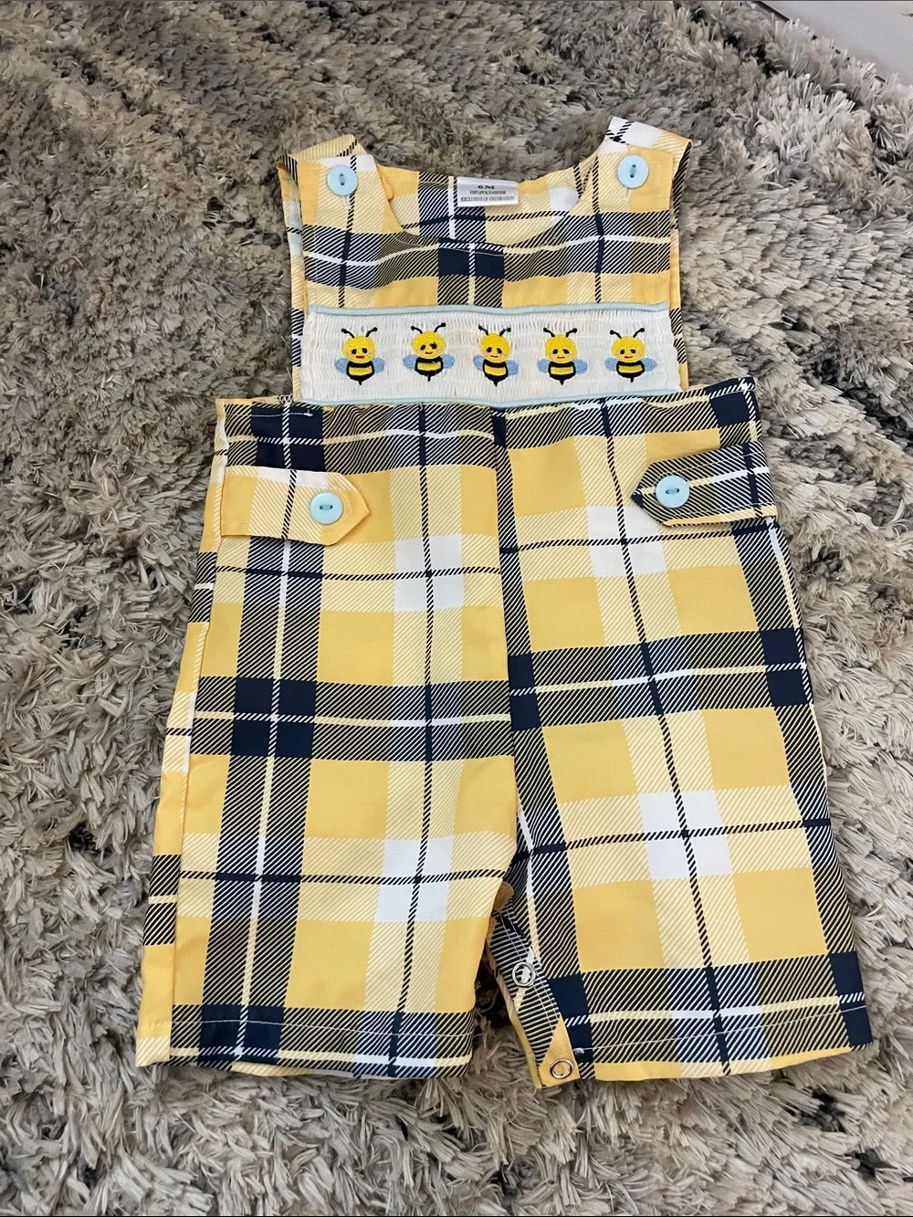 Yellow Plaid Baby Overalls with Bee Trim